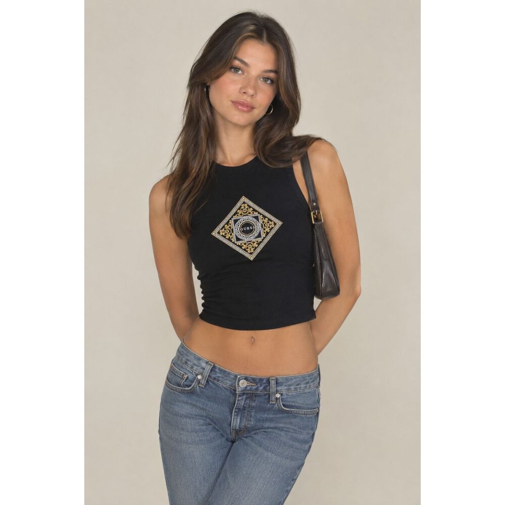 Guess Womens Tank Top Baby Tee Y2k 90s Steam Punk Grunge Bedazzled Goth Black